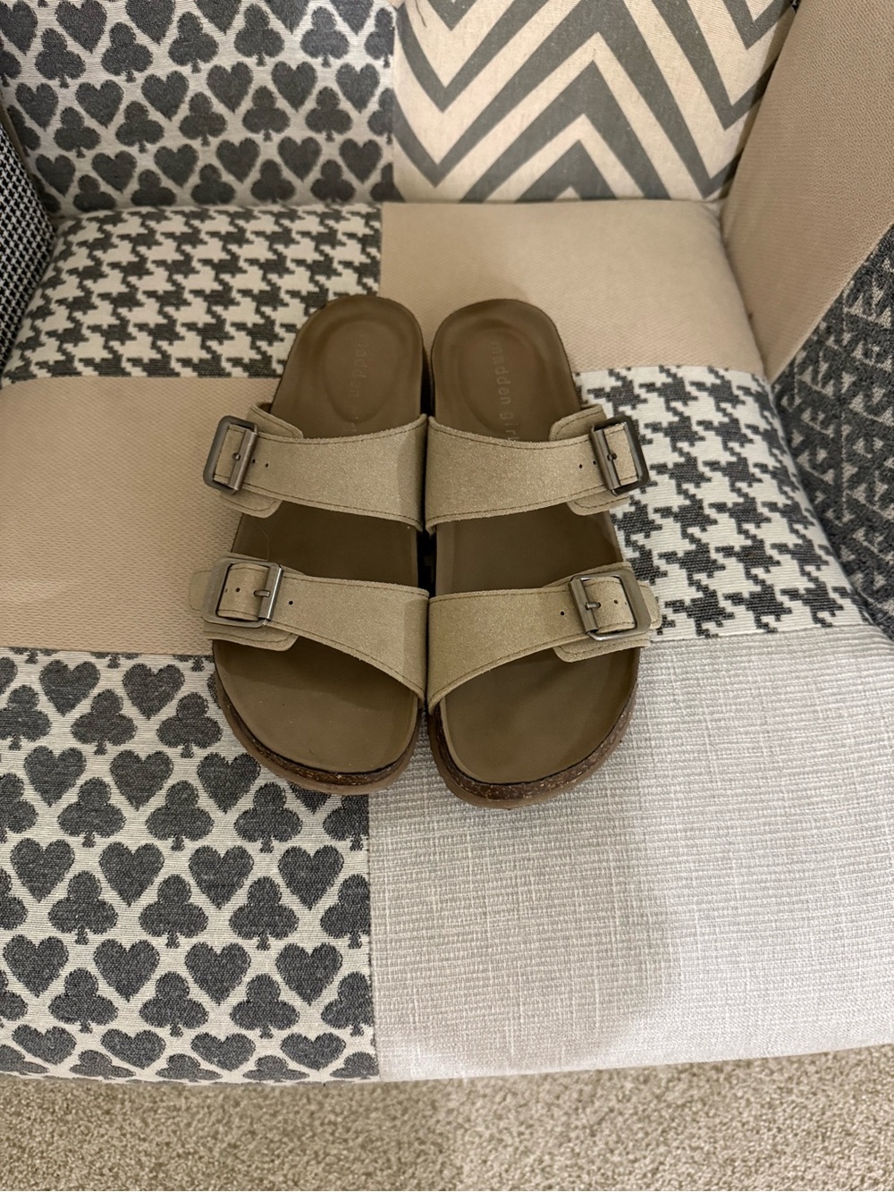Madden Girl Beige Double Buckle Slide Sandals